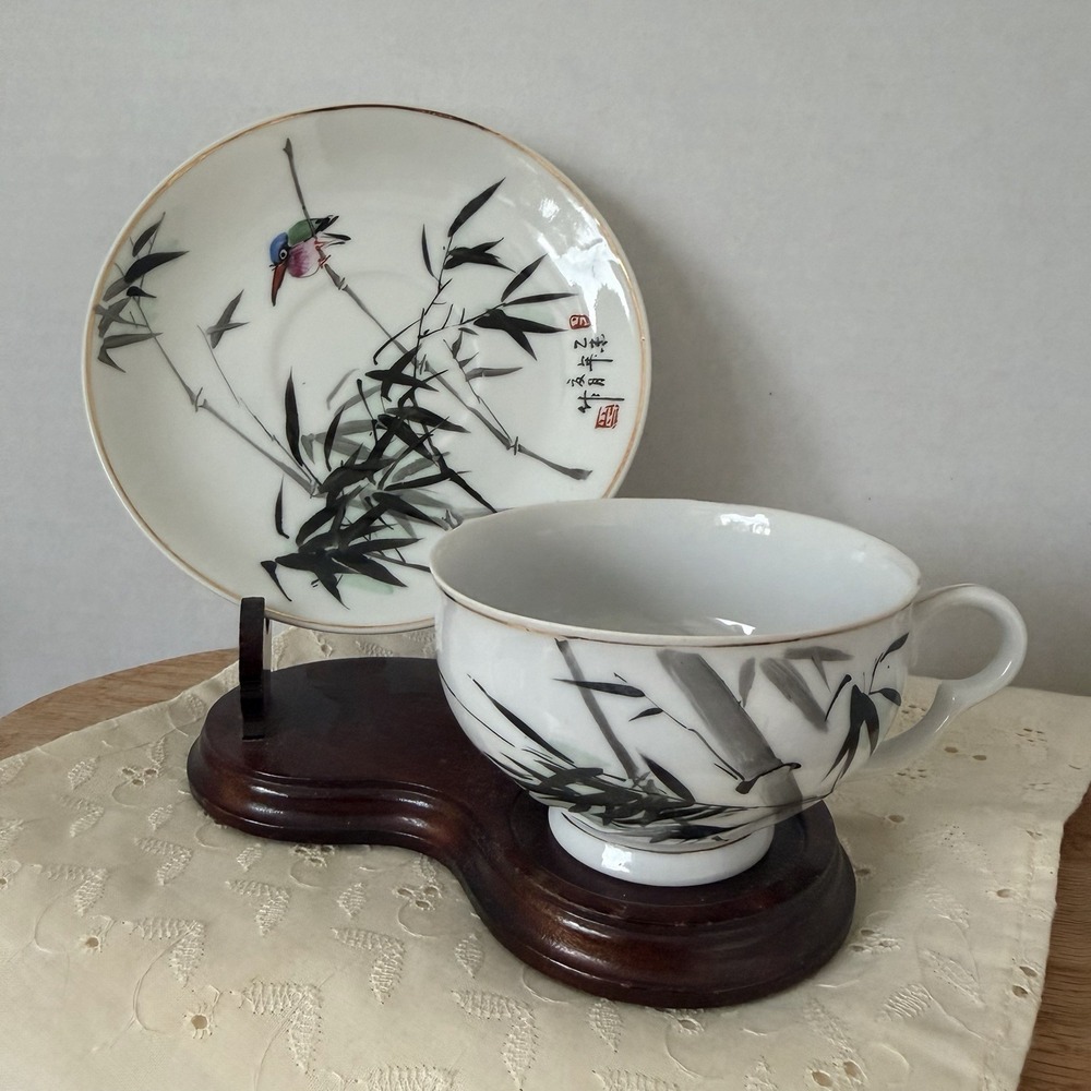 Vintage Bamboo Bird Teacup & Saucer Hand Decorated China Ceramic Hong Kong